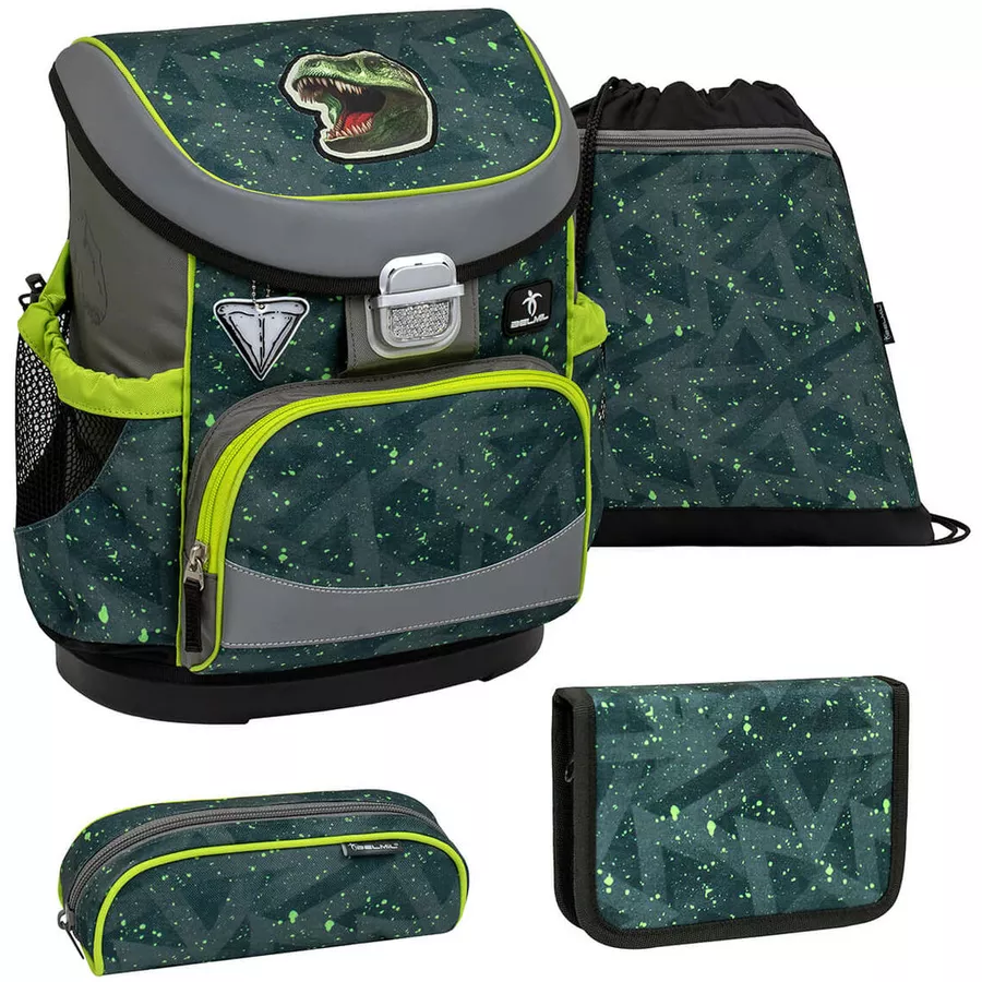 Belmil Schulranzen Mini Fit Schulranzen Set 4-teilig mit Brustgurt T-rex Roar