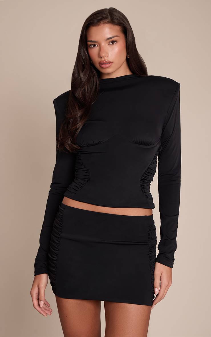Noir Ensemble Jupe Mini Froncée Sur Les Côtés En Maille Soyeuse Soft Touch