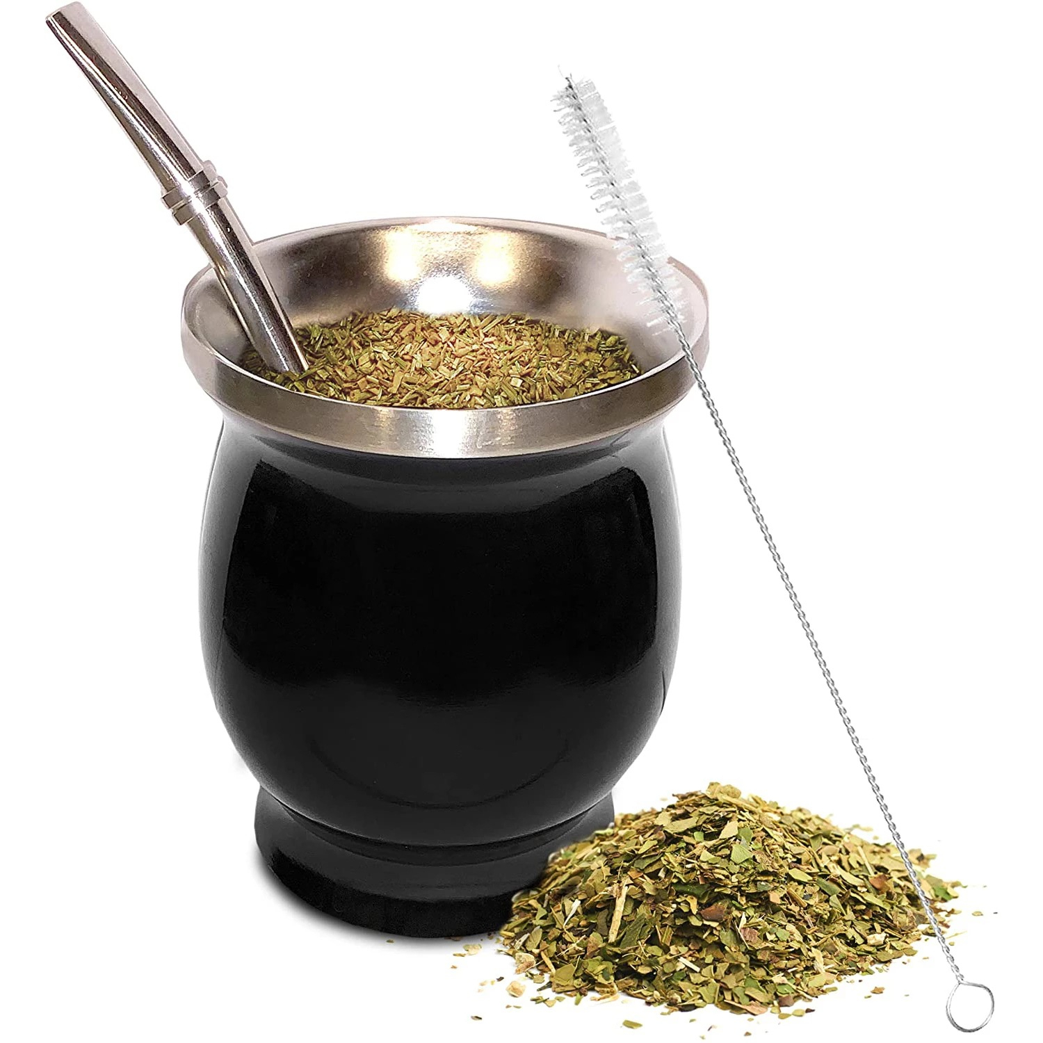 (3-tlg. Set) 230ml Yerba Mate Tee Edelstahl Becher mit Bombilla Strohhalm   Reinigungsbürste - Schwarz