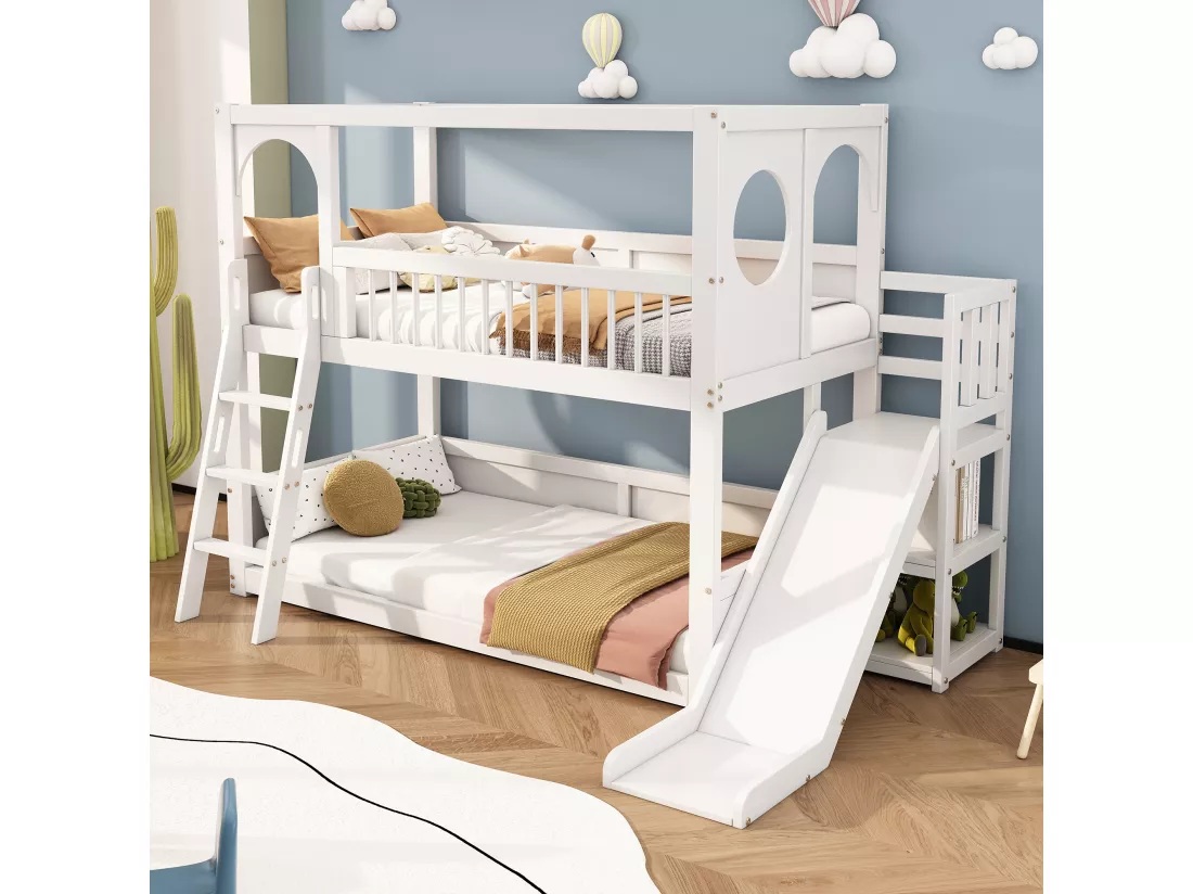 Lit superposé 2 x 90 x 200 cm avec étagères et toboggan - lit cabane enfant en bois massif - sommier à lattes - blanc