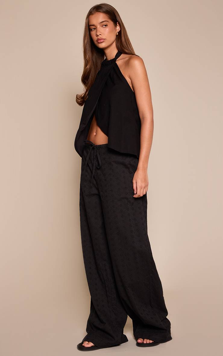 Noir Pantalon Large Taille Basse À Cordon De Serrage En Broderie Anglaise