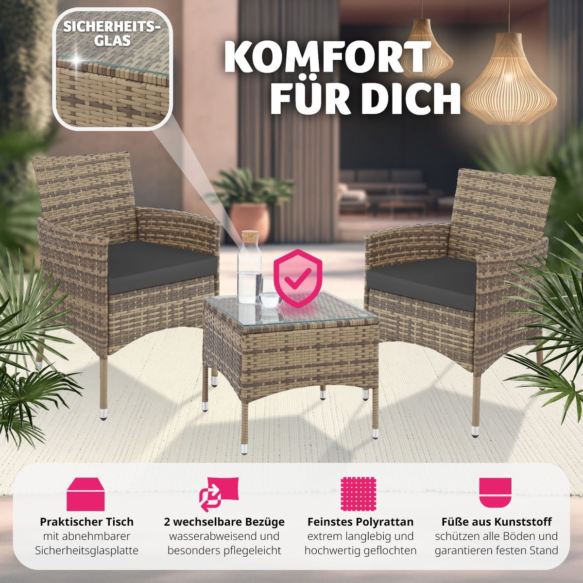 tectake Luzern rotanset voor 2 personen, 2 hoessets