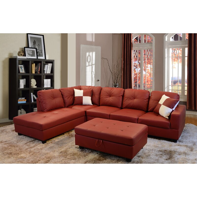 Wilhelmine 103.5&prime;&prime; Wide Faux Leather Sofa & Chaise With Ottoman
