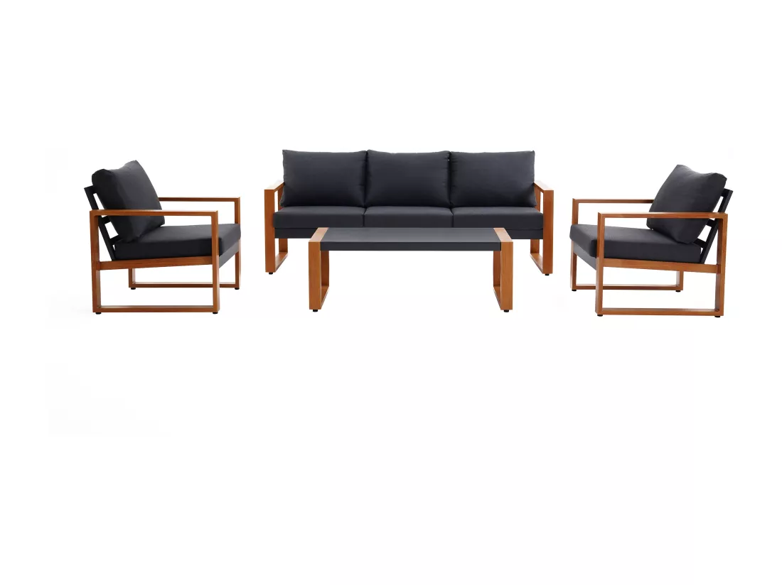 Salon de jardin en aluminium : un canapé 3 places, 2 fauteuils et une table basse - Naturel coussins noirs - JALLY de MYLIA