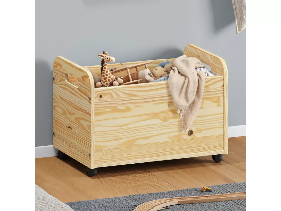 Coffre à jouets BENJAMIN sur roulettes 60 x 43 x 40 cm en bois pour chambre d'enfant, Rangement Montessori jouets peluches