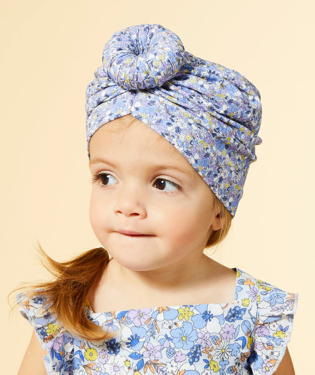 TURBAN BÉBÉ FILLE BLEU AVEC IMPRIMÉ FLEURI ET ROND