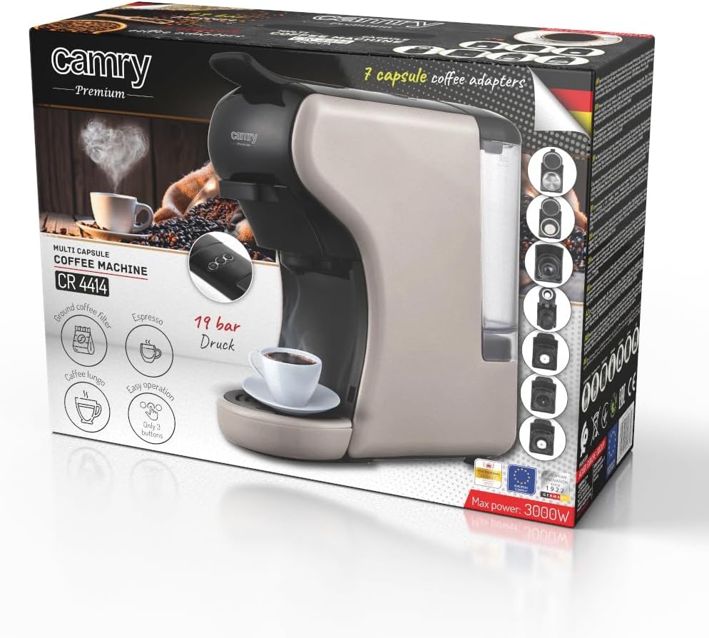 CAMRY Kapselkaffeemaschine CR 4414 mit 0,6L Wasserta 19 Padmaschine kompakt Bar - Espressomaschine 3000W Kompatibel mit Nespresso, Dolce Gusto, Lavazza & mehr - Einfache 3-Knopf-Bedienung