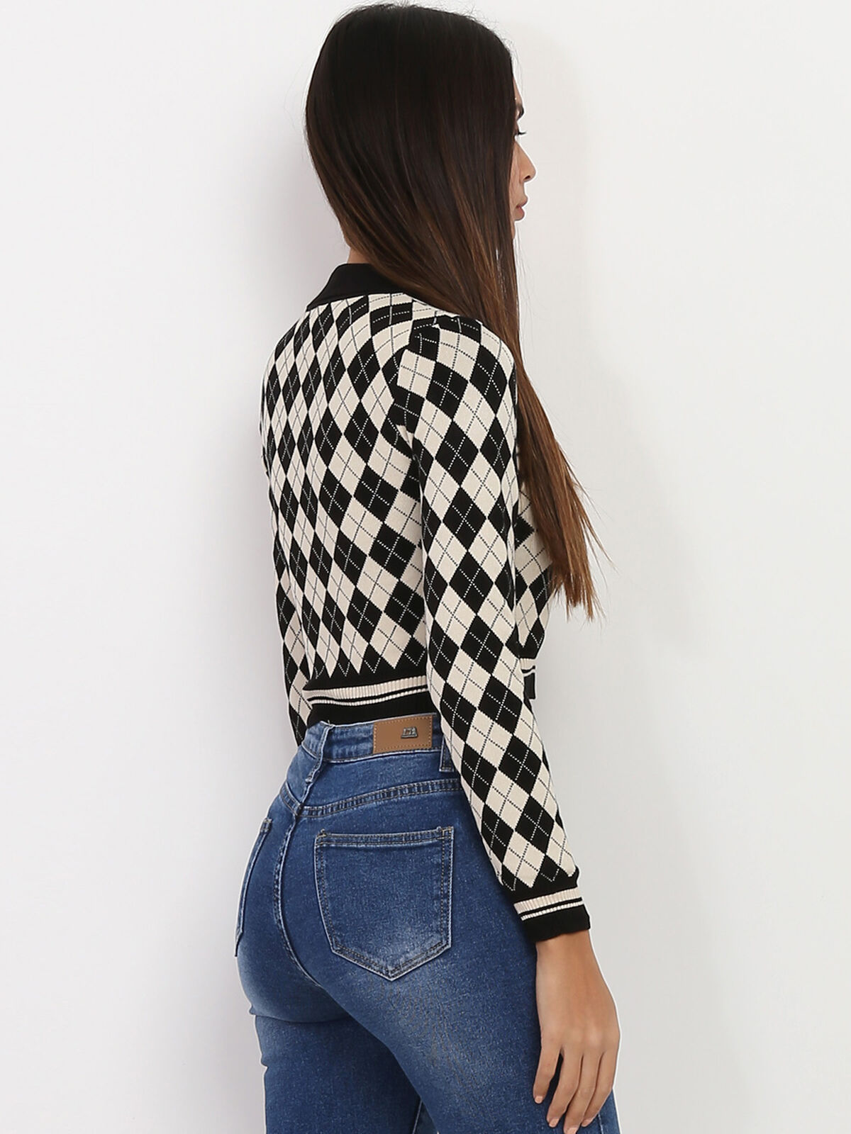 Pull à col Polo en motif losanges- Noir