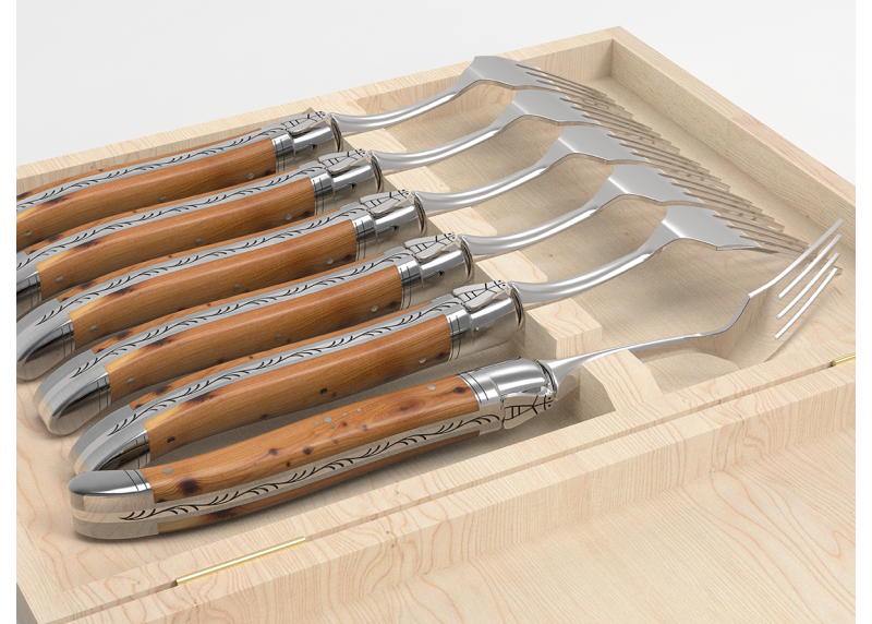 Service de 6 fourchettes Laguiole avec un manche en bois de genévrier et mitres en acier inoxydable