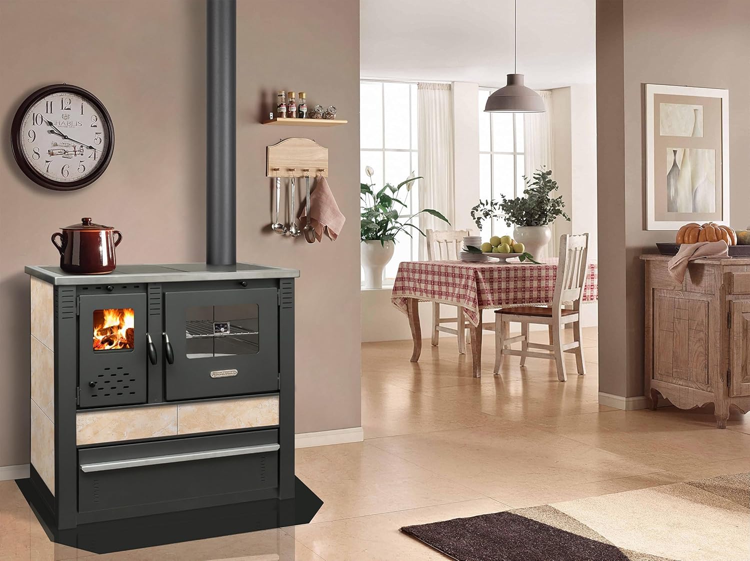 ProTermo Kaminofen Panonia in Beige mit Abzug rechts - 10,54 kW Heizleistung - 90x51x85 cm Holzofen mit Backfach, Thermometer und Herdplatte - ohne selbstschließender Tür - Bauart 2
