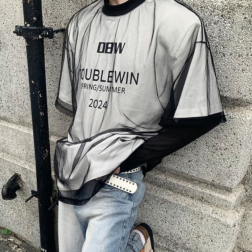 DragonRoad - Mock tweedelig T-shirt met mesh overlay en elleboogmouwen