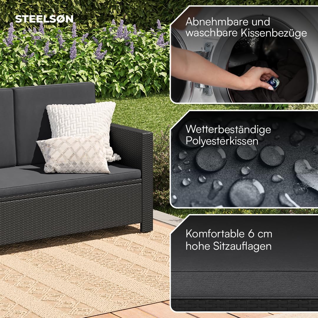 STEELSØN Gartenbank Elnath aus Polyrattan, Gartensofa für 2 Personen, Balkonmöbel 2er Sofa mit Polster wetterfest, Terrassenmöbel in schwarz/anthrazit 73x65x130 cm (HxTxB)