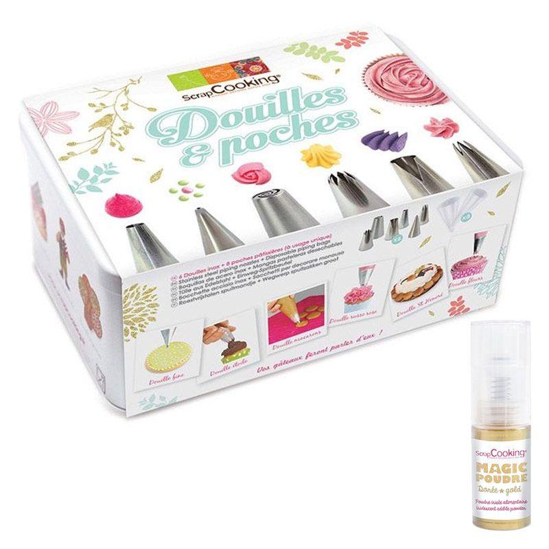 Coffret 6 douilles pâtissières inox et poches jetables + 1 poudre iris