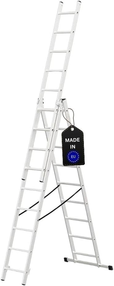 PROREGAL Economy Basic 3-delige multifunctionele ladder met dwarsbalk, 3 x 9 sporten, werkhoogte 5,47 m, draagvermogen 150 kg