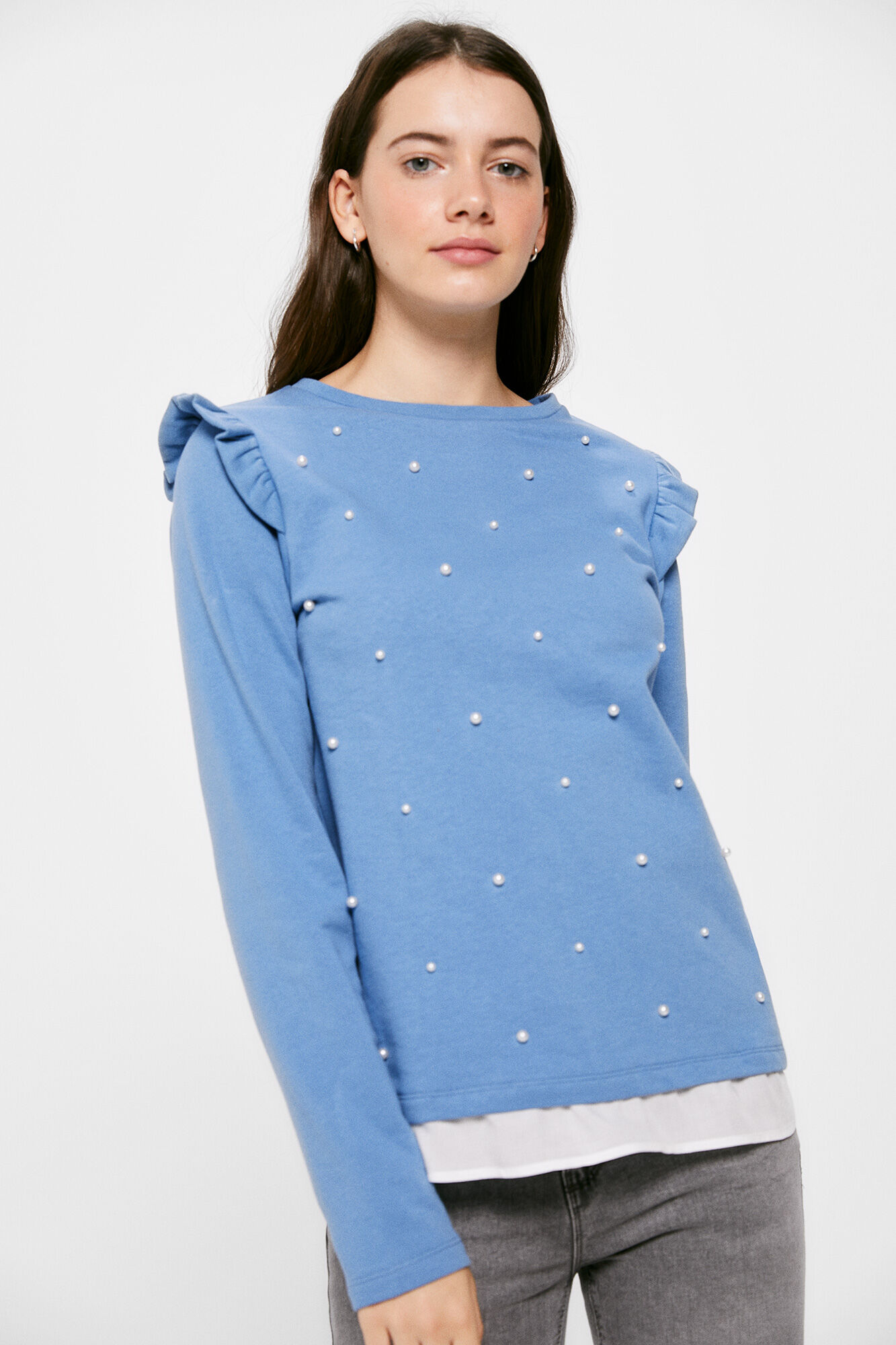 Blusa de moletom com babados e pérolas - Azul índigo