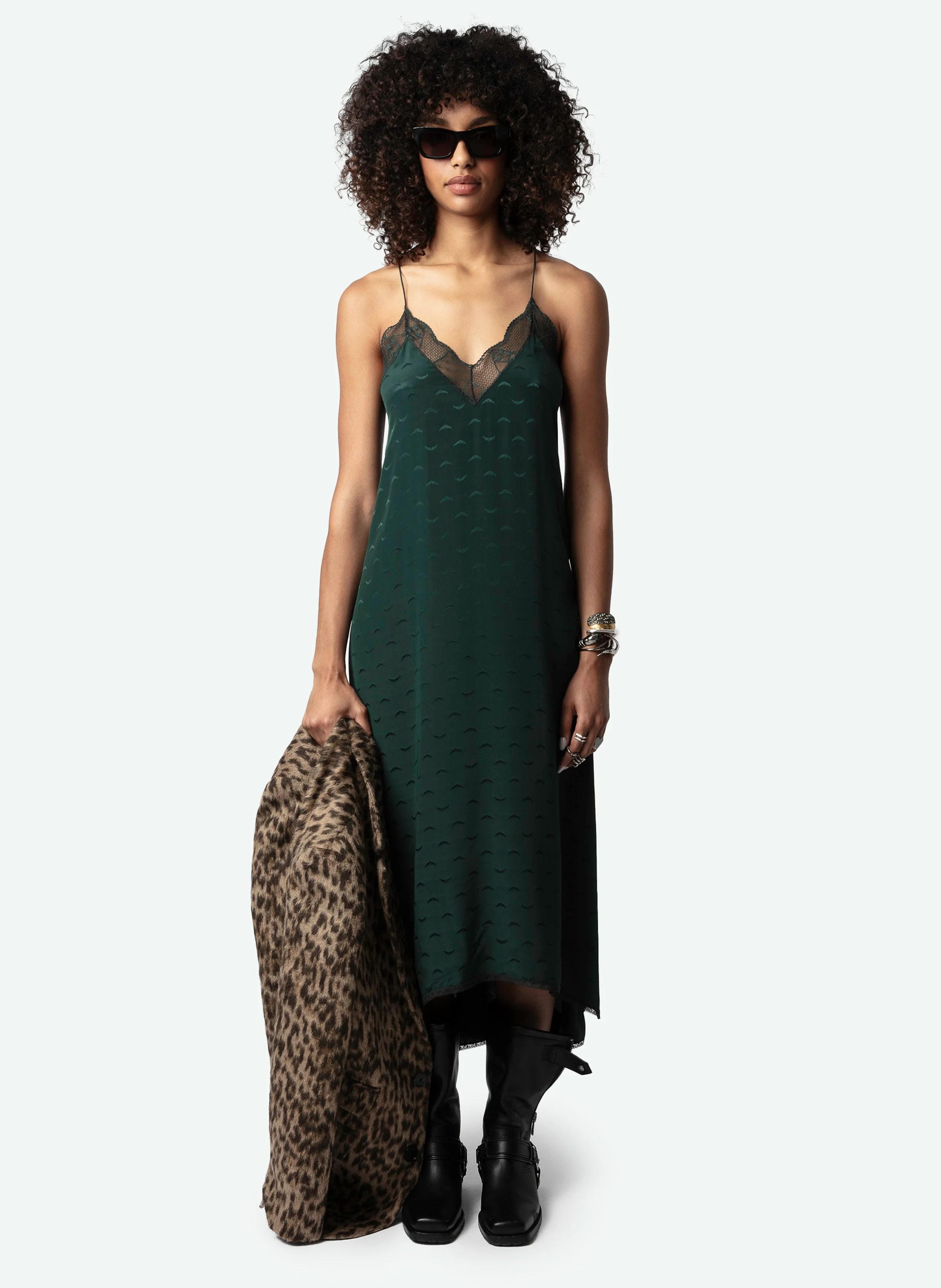 RISTY - Robe longue droite col V en soie | Vert