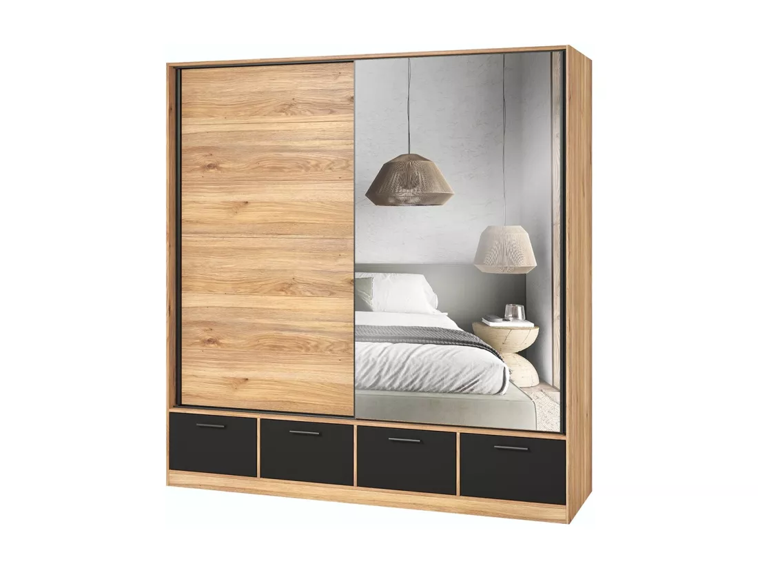 Chambre à coucher design collection EOS : Armoire, Lit 160x200, commode, chevets. Couleur chêne clair et noir