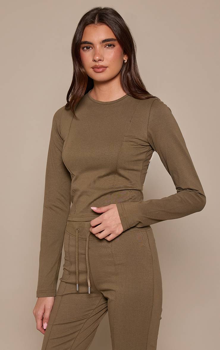 Sage Khaki Ensemble Haut À Manches Longues En Coton Avec Détails De Coutures