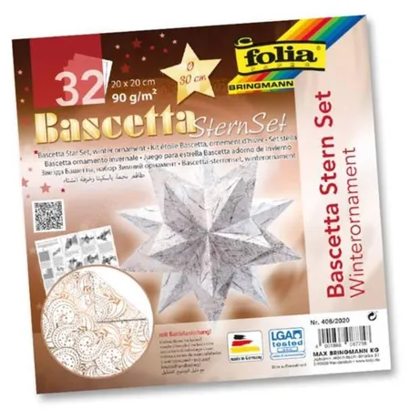 Folia Bascetta-Stern Set, 20x20cm, 32 Blatt Weiß/Winterornament kupfer