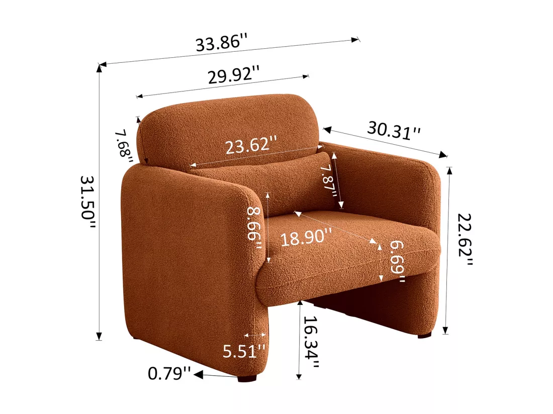 Fauteuil de chambre avec coussins moelleux, laine d'agneau, structure en bois massif, marron
