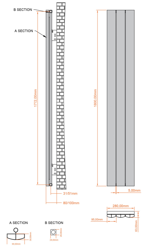 Eastbrook Tordino radiator 30x180cm aluminium 864W wit mat