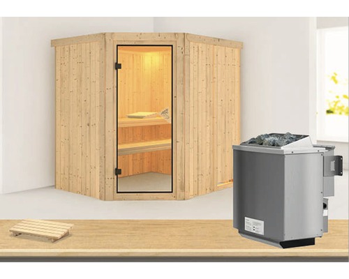 Karibu Siirina modulaire sauna inclusief 9 kW kachel en geïntegreerde bedieningseenheid, zonder dakrand, met gebronsde volledig glazen deur
