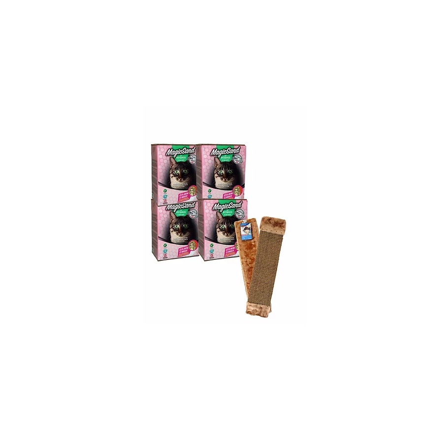 Conjunto com 4 caixas de areia antiaglomerantes e arranhador com aroma de talco.