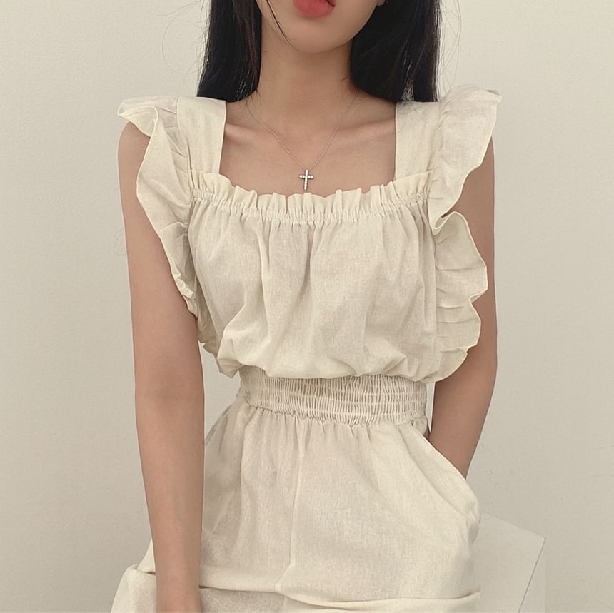 palajana - Mouwloze jumpsuit met ruches en effen motief