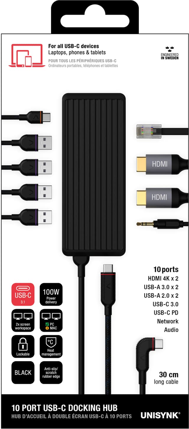 Unisynk 10-Port USB-C hub (sort)