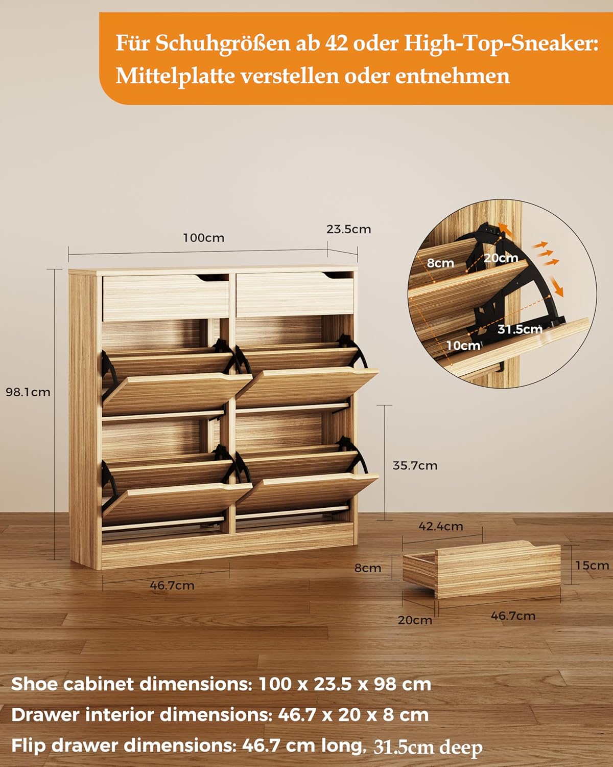 IRONCK Schuhschrank mit 4 Klappen, Schuhkipper Schmal mit 2 Schubladen, freistehendes Schuhregal, Schuhkommode mit verstellbaren Trennwände, Schuhablage Schrank für Flur Eingang und Wohnzimmer (Holz)