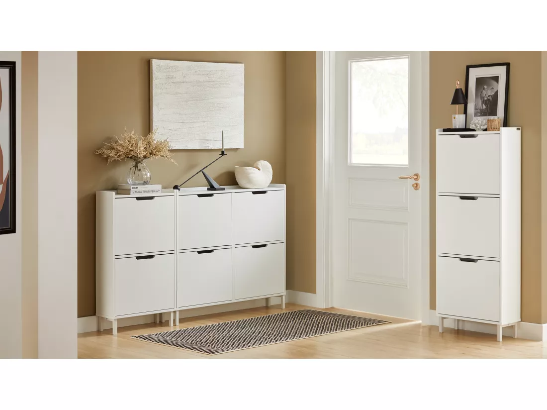 SoBuy Meuble à Chaussures Meuble de Rangement à Chaussures avec 2 Abattants Armoire à Chaussures Commode à Chaussures Meuble d'Entrée Rangement pour Chaussures – Blanc, 50x19x91 cm, FSR151-W
