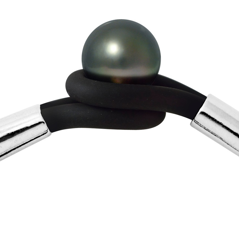Bracelet Homme-Femme Néoprène Noir, Perle de Tahiti Noire de 10 mm et Argent Massif 925/1000