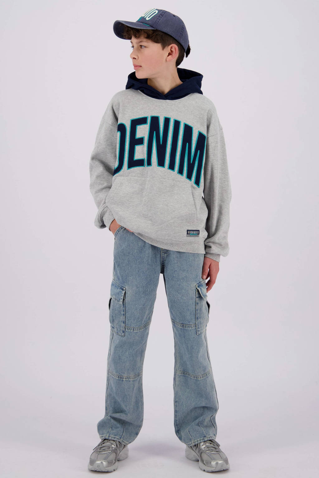 Vingino hoodie Nano met printopdruk grijs melange/donkerblauw
