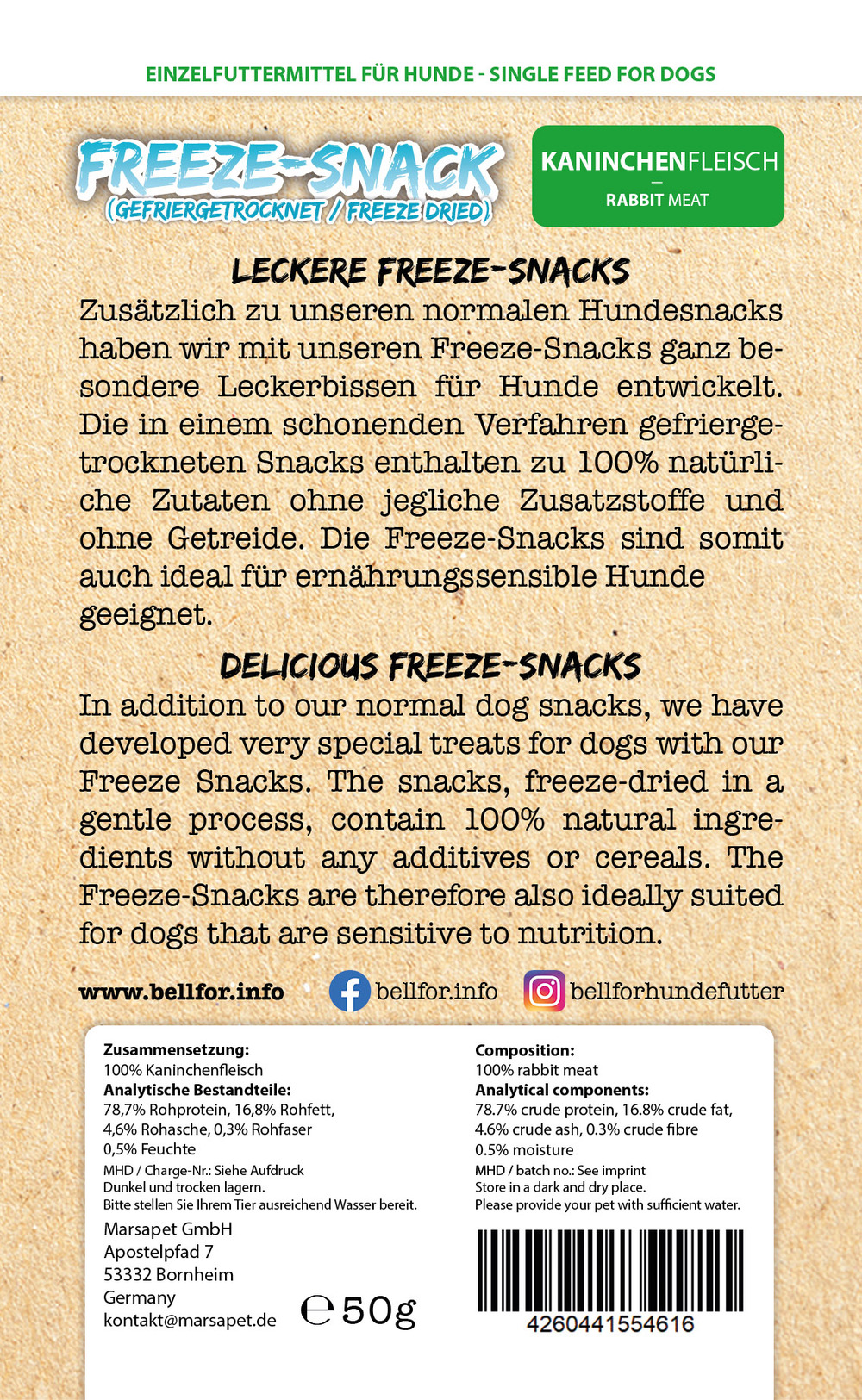 Friandise freeze pour chiens - viande de lapin (lyophilisée) - 50g