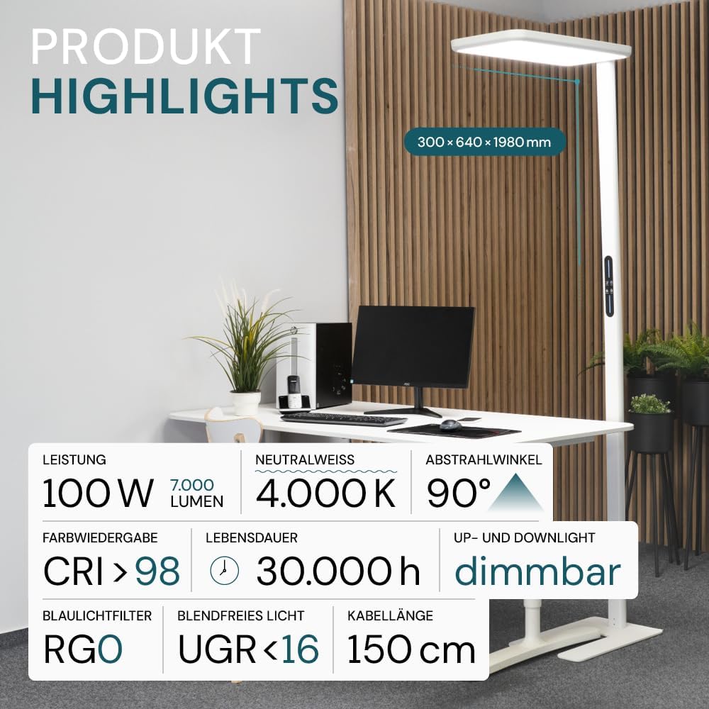 LUXULA LED Büro Stehleuchte, dimmbar, CRI>98 Vollspektrum, UGR