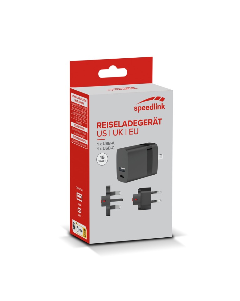 Speedlink - Travel Charger USB-A & USB-C 15W for US-UK-EU, black