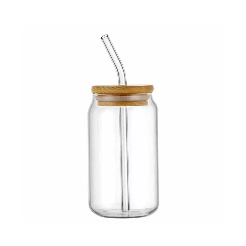 (540ml) Trinkglas Cocktail Cup Getränke Glas Eiskaffe Becher mit Bambus Deckel   Glas Strohhalm