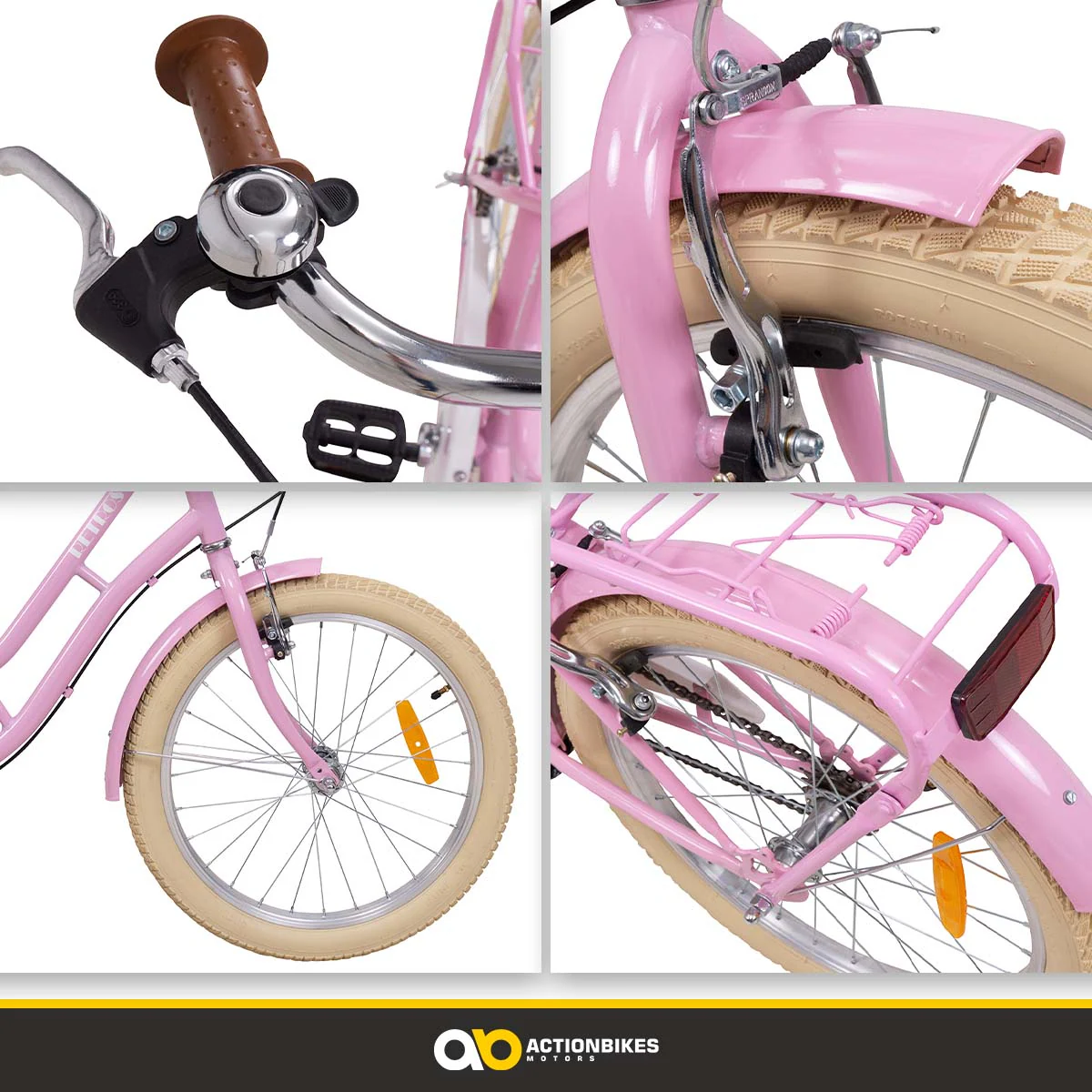 Actionbikes Kinderfahrrad Retrostar 20 Zoll, Rosa, Fahrradständer, Gepäckträger, Sattel gefedert