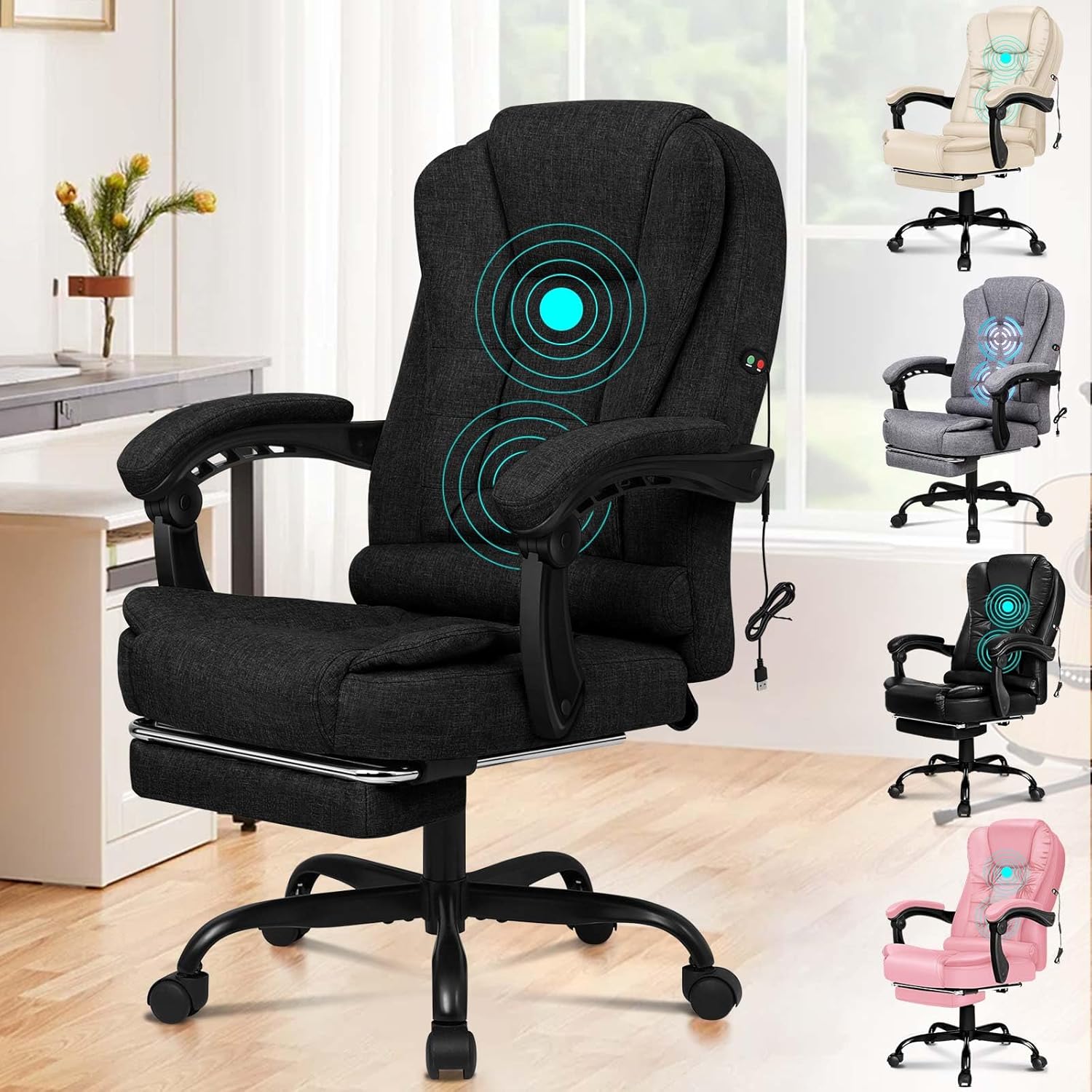 ALFORDSON Chair Bürostuhl, Computer-Schreibtischstuhl, Gaming-Drehstuhl für Computer-Arbeitstisch, ergonomisches Hochlehnerkissen, Lordosenstütze mit Rollen, Leinen, Schwarz