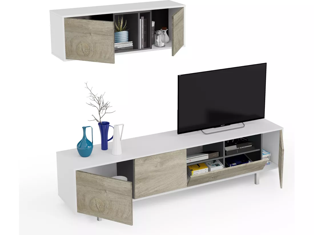 Ensemble meuble TV de 2 éléments coloris chêne à nœuds blanc artik - Hauteur 47 x Longueur 200 x Profondeur 40 cm