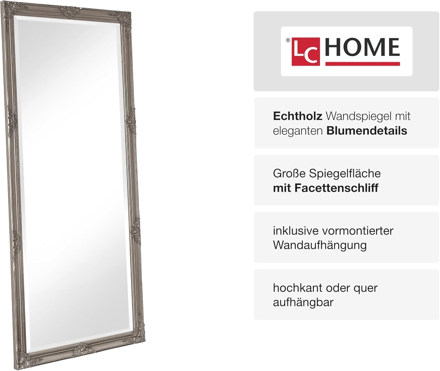 Wandspiegel Barock Silber ca. 180 x 80 cm Antik-Stil m. Facettenschliff XL Ganzkörperspiegel, Gaderobespiegel, Flurspiegel, Spiegel klassisch