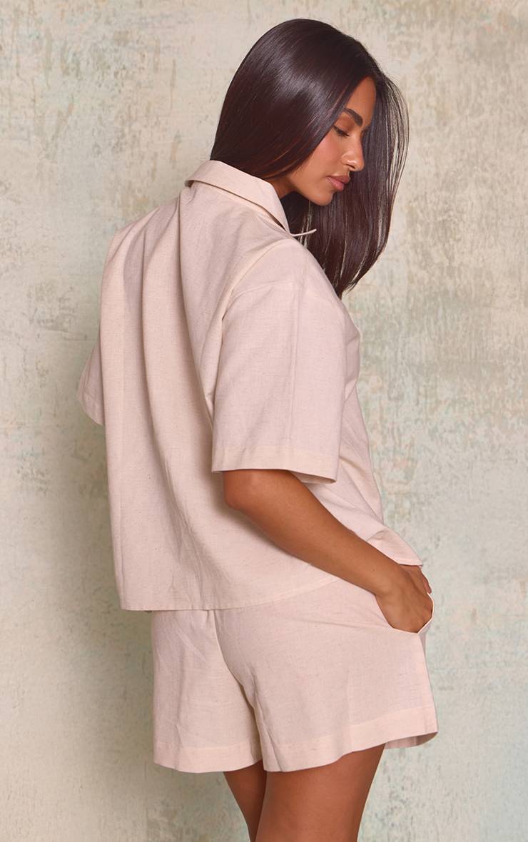 Naturel Chemise Petite À Manches Courtes Boutonnée Aspect Lin Ensemble Coordonné