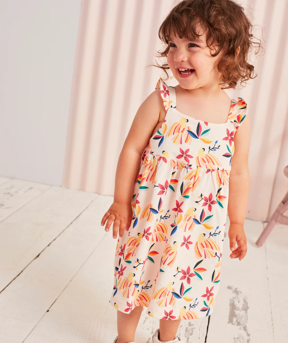 ROBE BÉBÉ FILLE ÉCRU IMPRIMÉ TROPICAL EN COTON BIO