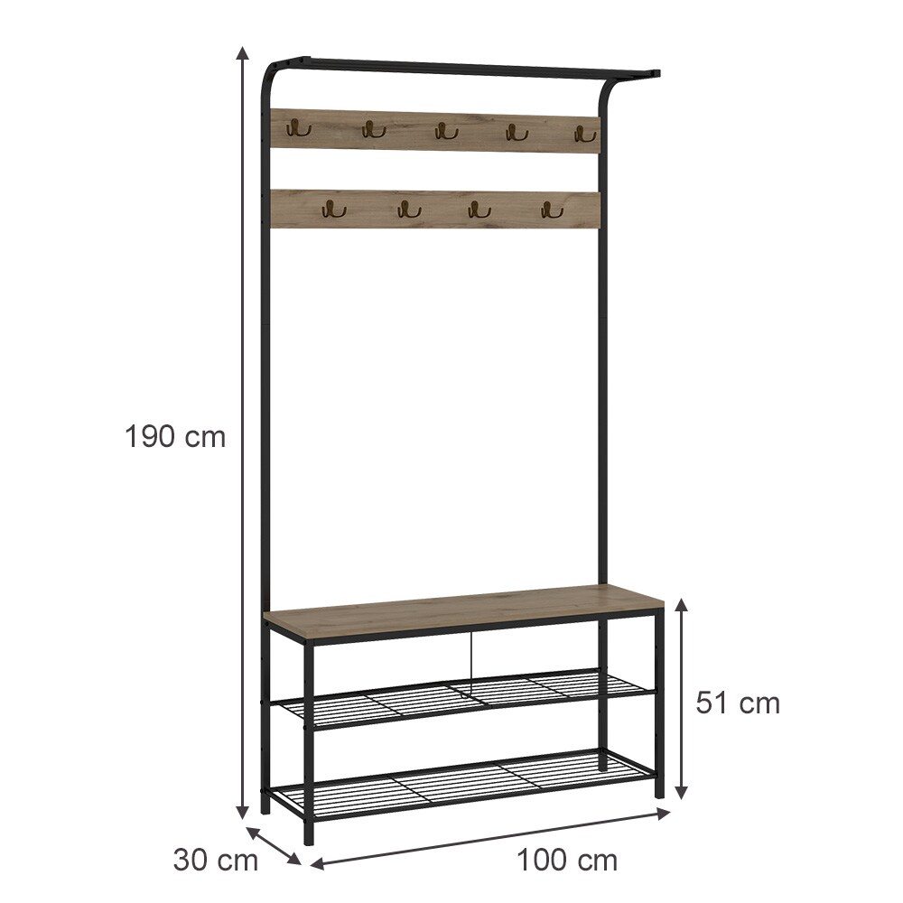 Vicco Garderobe Fyrk, 100 x 190 cm, Eiche Schwarz, Ablage, Bank & Schuhregal, Industrial