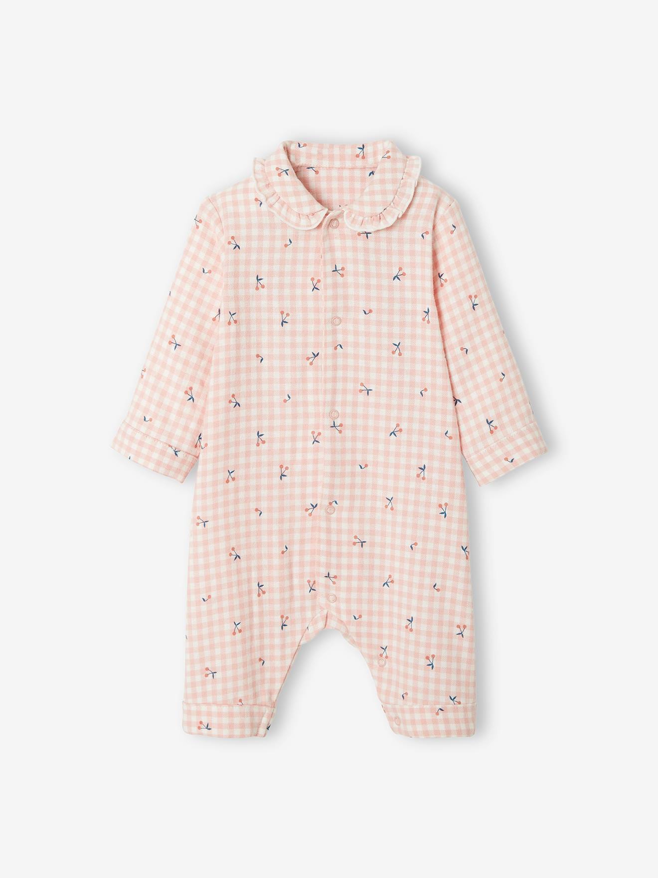 Pijama de flanela de algodão para bebê, xadrez rosa médio