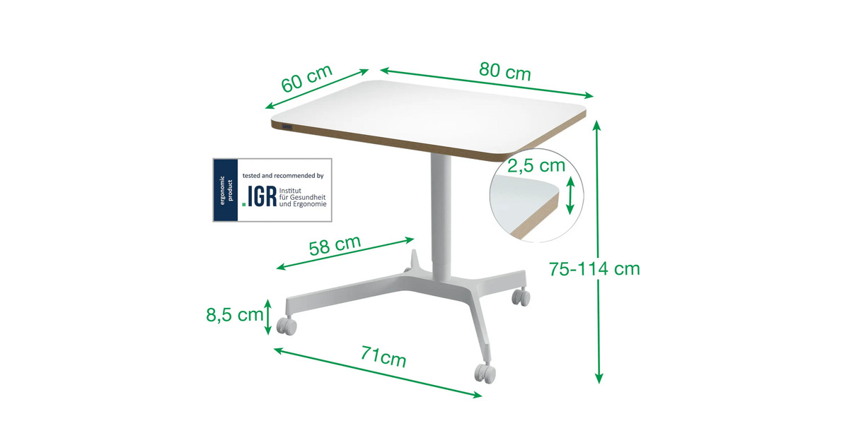 LeitzErgo Mobiel Zit-Sta Bureau (80x60 cm) tafel  (Wit)