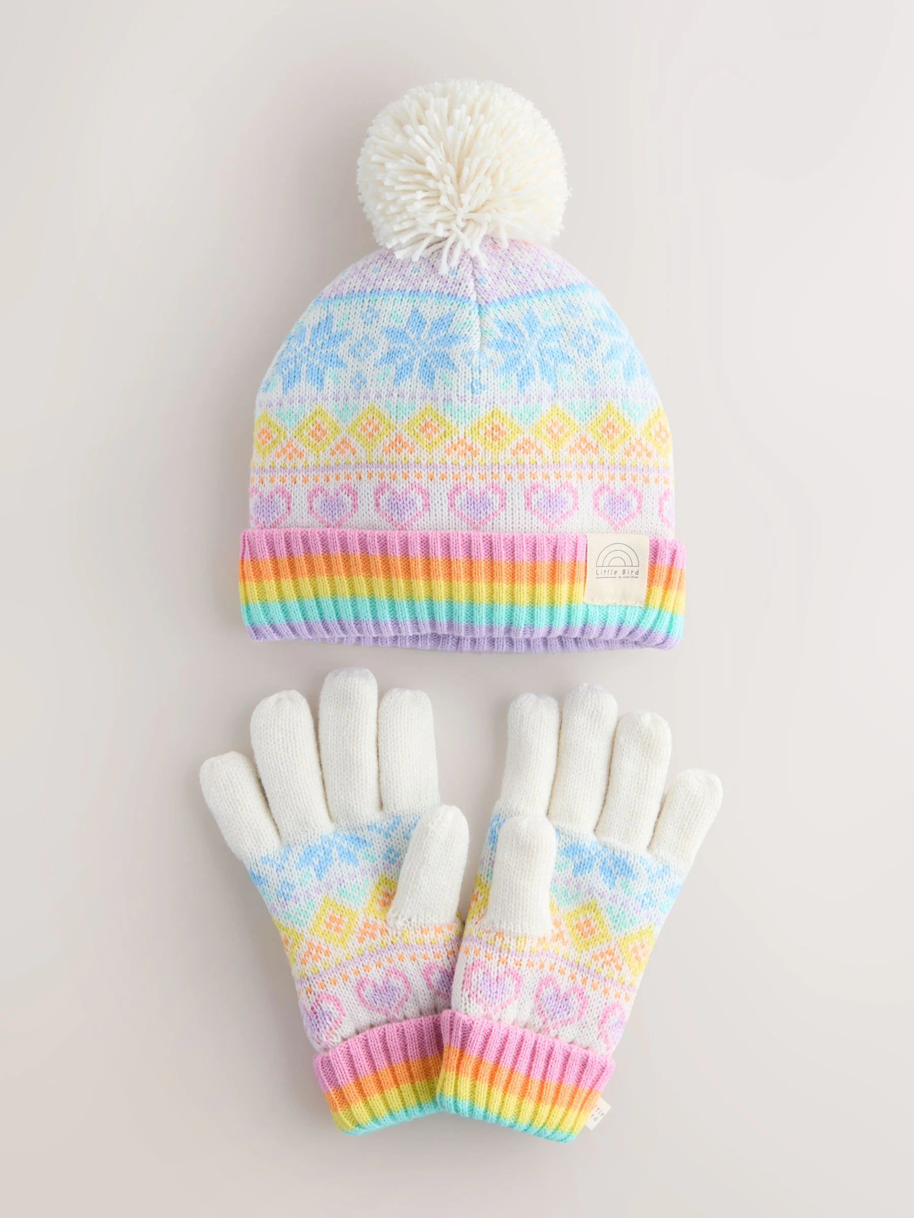 Pastel Regenboog Fairisle - Little Bird by Jools Oliver set van muts met wanten of handschoenen