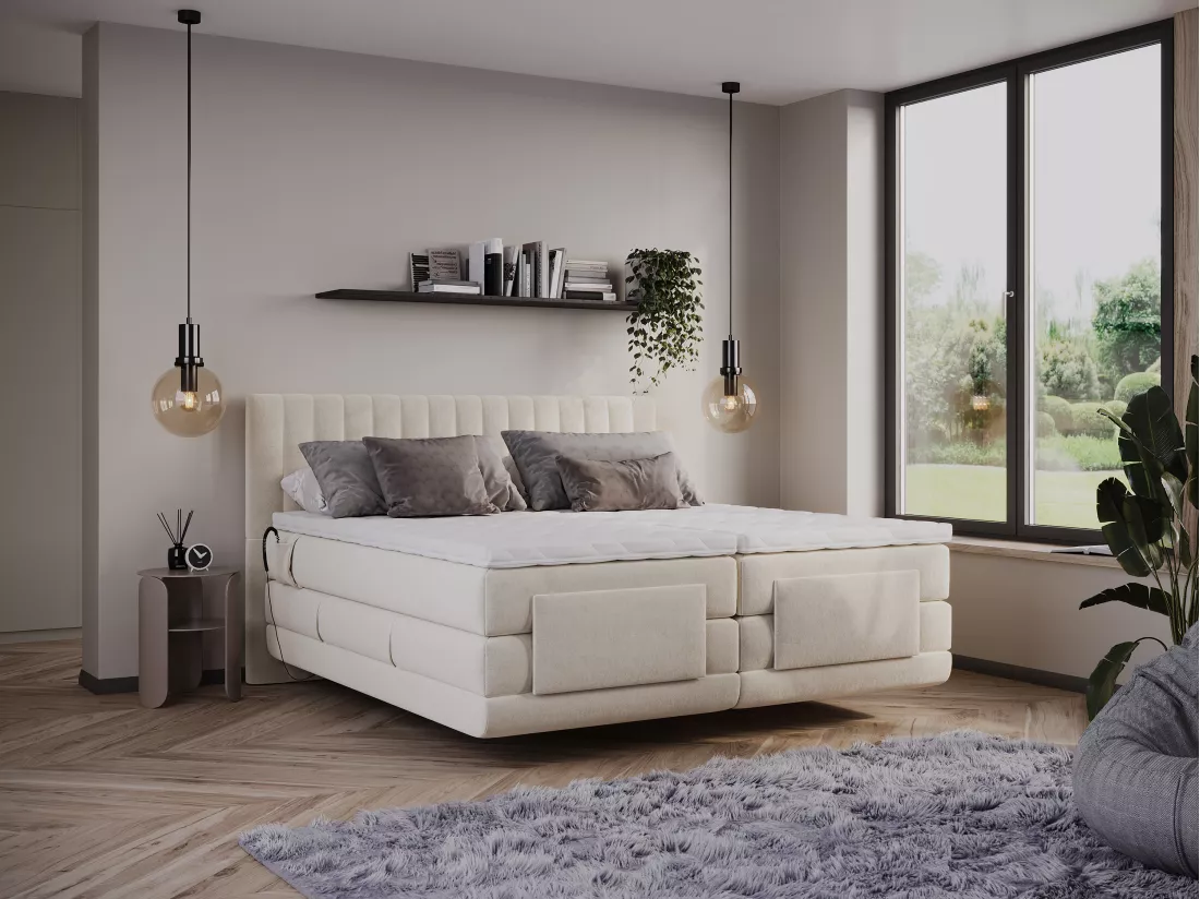 Ensemble complet boxspring tête de lit coutures verticales + sommiers relaxation électrique + matelas + surmatelas - 2 x 80 x 200 cm - Velours - Beige - DONISI de PALACIO