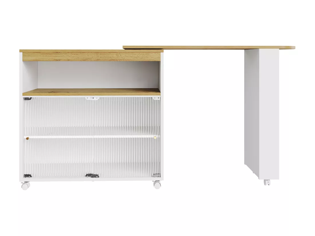 Buffet、Meuble de bar pivotant et escamotable avec LED - compartiments et étagère à épices - Blanc