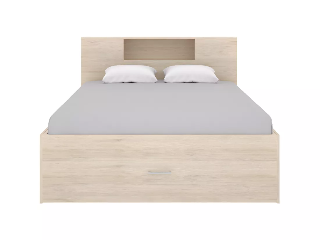 Lit avec tête de lit rangements et tiroirs - 160 x 200 cm - Coloris : Naturel + Sommier - LEANDRE